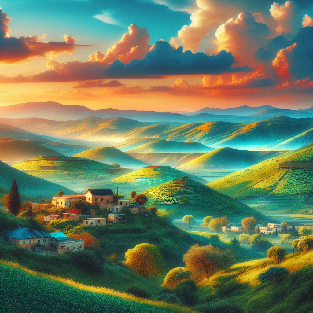 An image capturing the stunning scenery often found in Israeli landscapes. The image showcases rolling hills covered in vibrant green vegetation, kissed by the warm rays of a setting sun. Nestled amongst the verdant hills are clusters of quaint buildings reflecting a rustic charm. The cerulean sky is streaked with hues of orange and pink, as fluffy clouds lazily float by. In the distance, the hazy silhouette of a mountain range serves as an enchanting backdrop. The image is inspired by landscape paintings, emphasizing on bright, saturated colours and charming pastoral scenes.
