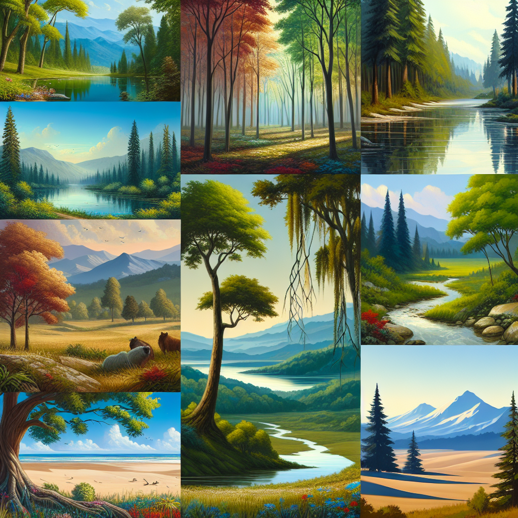 Create an image showcasing peaceful landscapes: a variety of scenic vistas that could include verdant forests, calming beaches, serene water bodies, tranquil hills, or sprawling deserts for further nature exploration. These landscapes are to be depicted in a painted medium, much like the style of traditional canvas landscape painting, with meticulous attention to detail and color.