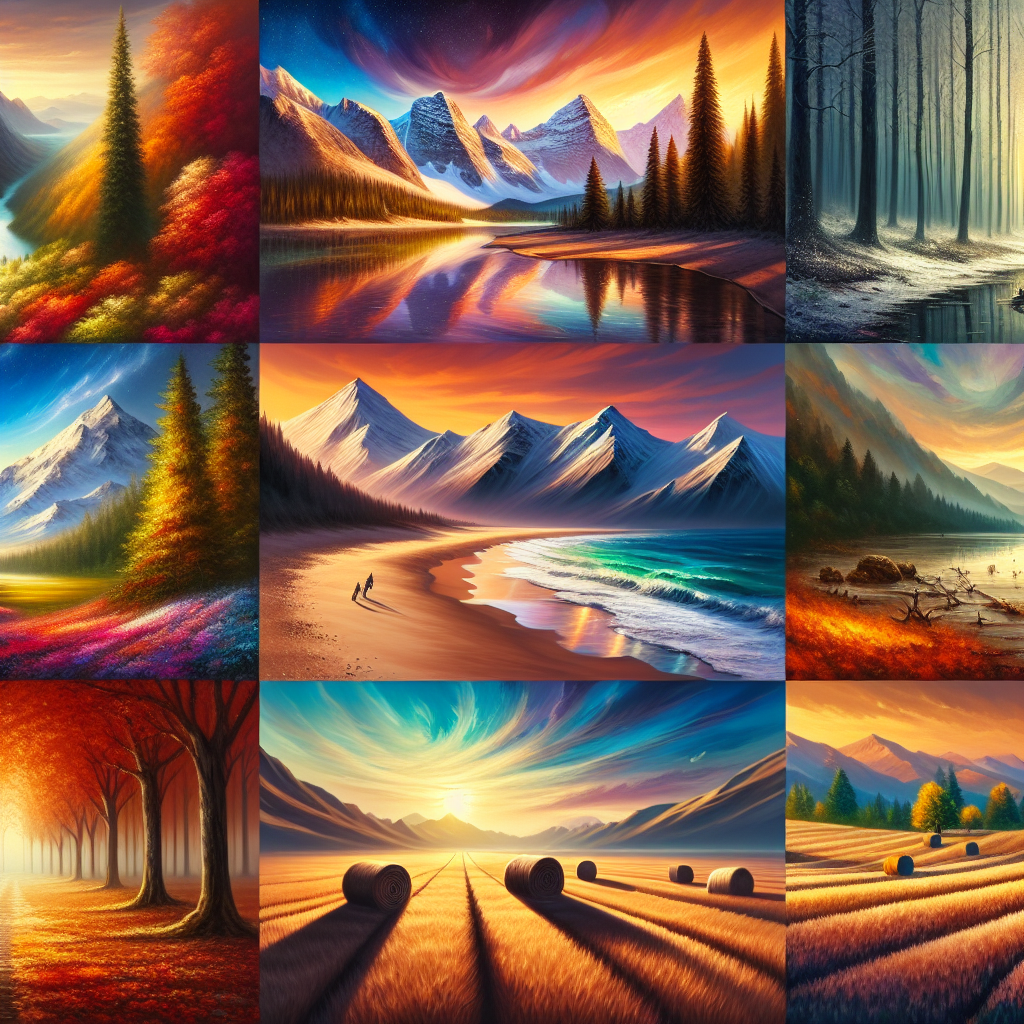 An immersive, serene journey through a series of captivating landscapes, painted in a variety of styles and mediums. The first one should be an awe-inspiring mountainous vista, its jagged peaks cloaked in snow, under a sky ablaze with the colors of the setting sun. Next, bring us to a tranquil forest, where long shadows fall between towering ancient trees, a carpet of fallen leaves crunching underfoot. Then, ferry us across an ethereal beach at sunrise, its golden sands washed by the gentle surf, the sky a swirl of pastel hues. Finalize with the panoramic view of rolling farmlands, peppered with hay bales and surrounded by the ochre splendor of autumn.