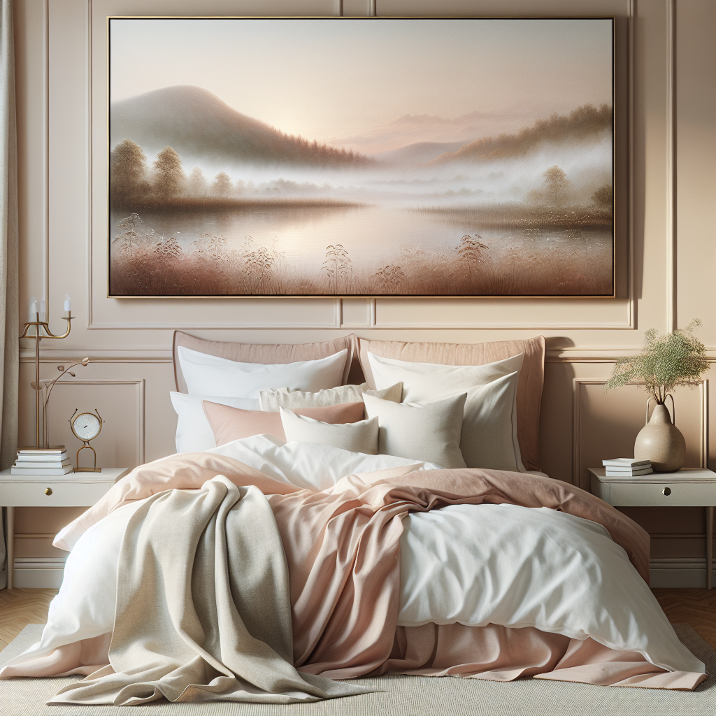 Visualize a cozy, warm bedroom with light cream walls and an elegantly-made bed draped in white and blush-colored linen. Above the headboard of this bed, imagine a large framed picture that perfectly anchors the room. This contributing piece to the ambience is a serene landscape painting in soft, pastel colors. The skillful brushstrokes of the artist captured a quiet, dewy morning by a lake, surrounded by gentle hills and a sky that's just beginning to lighten with the sunrise. A subtle touch of mist adds a layer of mystery and tranquility to the scene.