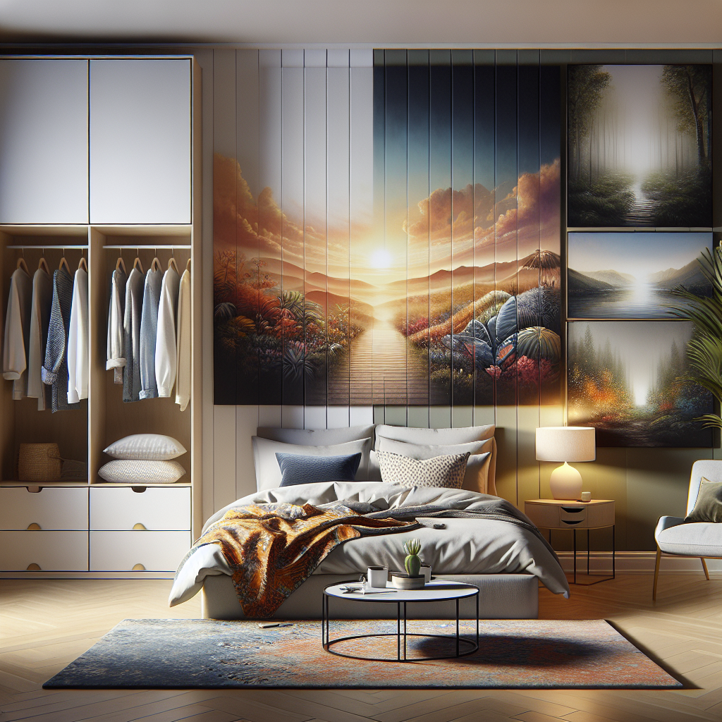 A visualization of a transformation of a plain bedroom into a stylish and modern one. The scene should start with an austere, unadorned room with a simple bed, wardrobe, and bedside table. Then, to depict the transformation, gradually incorporate decor elements. The walls bloom with captivating, high-quality paintings of various landscapes and abstract art. The bed gets adorned with vibrant, tastefully patterned linen. A stylish, contemporary rug appears under a sleek coffee table. Top it all off with subtle, mood-enhancing ambient lighting. Note: No text should be present in the scene.