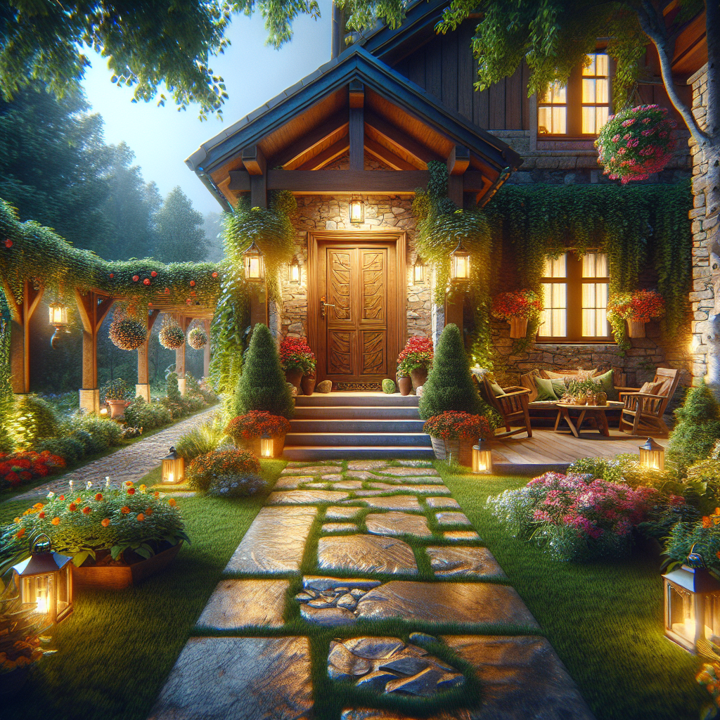 Visualize a breathtaking front entrance to a house. The house can be of traditional design, with a sturdy wooden door outlined by stone masonry. The lush green garden surrounding the entrance enhances the beauty of the scene. A cobblestone pathway leading to the door meanders through colorful flowerbeds under the golden glow of hanging lanterns. To the side, a small seating area comprised of rustic garden furniture offers a cozy spot to relax. The scene captures the essence of home, warmth, and welcoming ambiance, making a profound first impression on anyone who views it.
