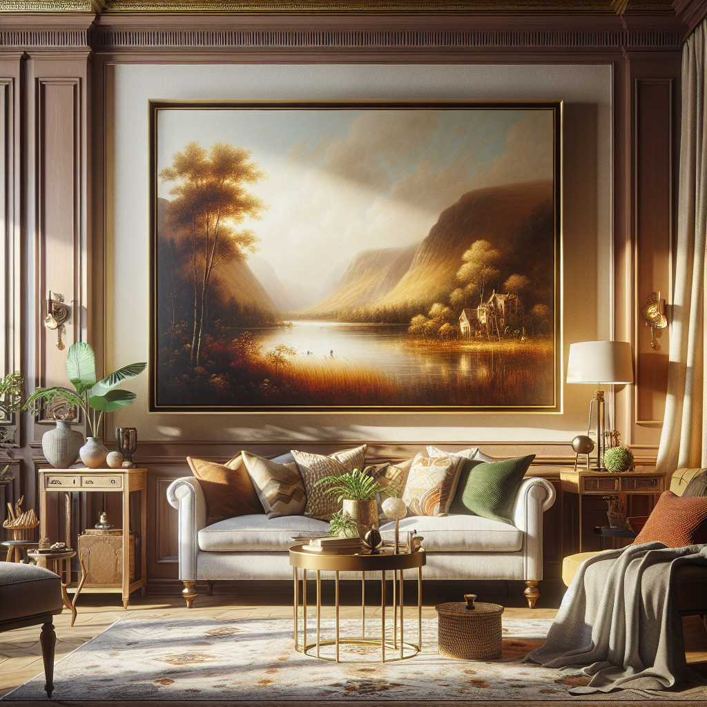 A beautifully crafted oil painting displayed prominently on the wall of a cosy living room. The painting itself doesn't have any text on it. The living room, adorned with comfortable furniture and warm, welcoming decor, provides the perfect backdrop for the painting. The painting and the room both seem to come alive with the golden rays of sunlight filtering in from a nearby window.